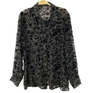 NY & Co. Whimsigoth Burnout Velvet Floral Button Up Shirt Women M Black Sheer